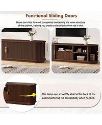 Rainsken Fluted Entertainment Center for TVs Up to 75 Inches, Farmhouse Style Media Stand with Sliding Wood Slatted Doors and Drawer for Living Room