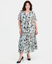 Kasper Plus Printed Ruffled Flutter-Sleeve Blouse