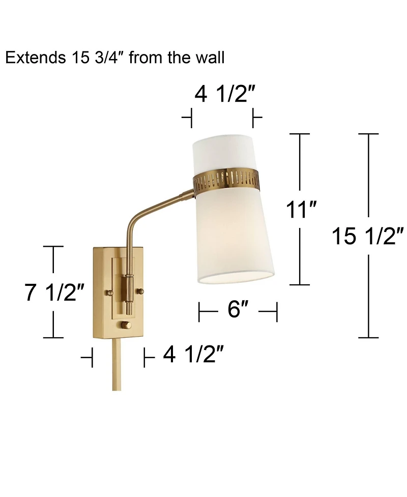 Cartwright Modern Swing Arm Wall Lamp Warm Antique Brass Plug-In Light Fixture Beige Linen Tapered Cylinder Shade for Bedroom Bedside House Reading Li