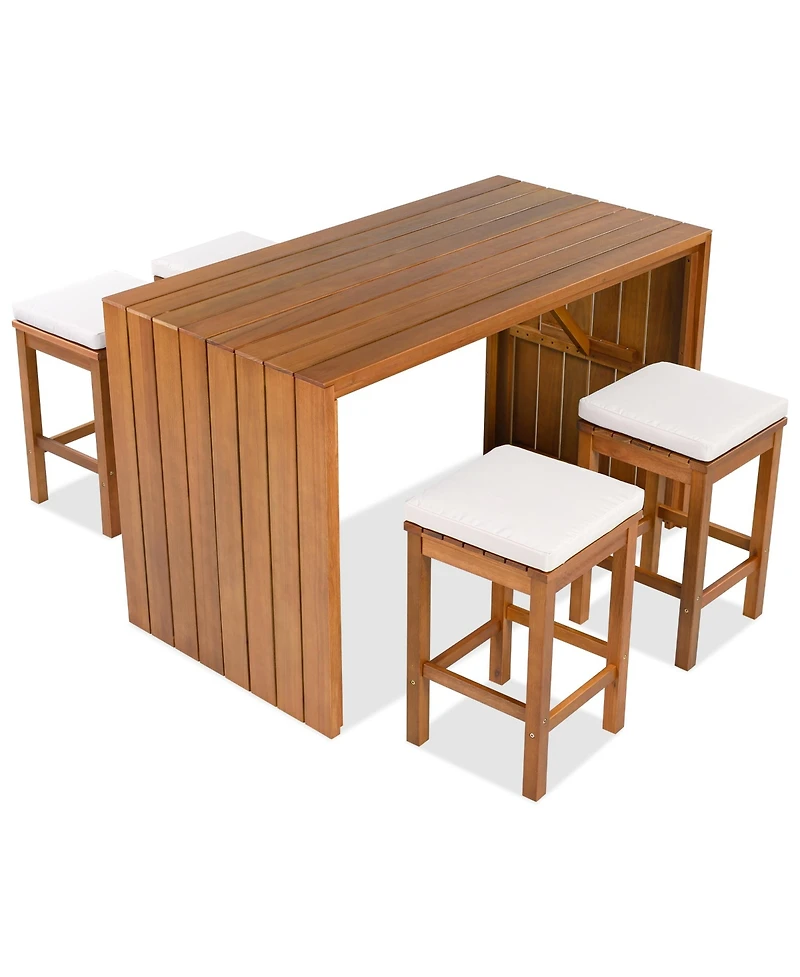 sumyeg 5-Piece Outdoor Bar Set with Acacia Wood Bar Height Table and 4 Stools with Cushions