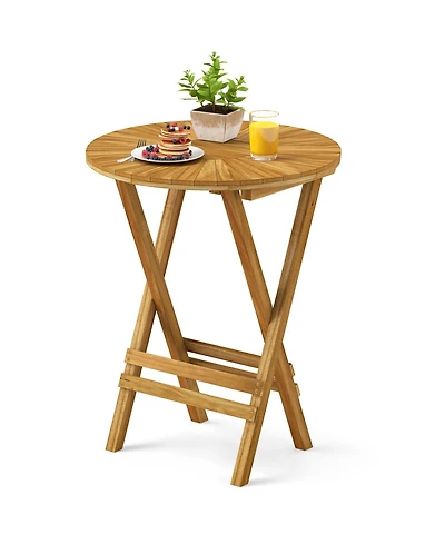 sumyeg Folding Patio Teak Wood Round Side Table with Slatted Top and X Frame