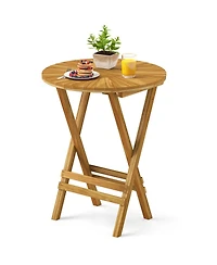 sumyeg Folding Patio Teak Wood Round Side Table with Slatted Top and X Frame