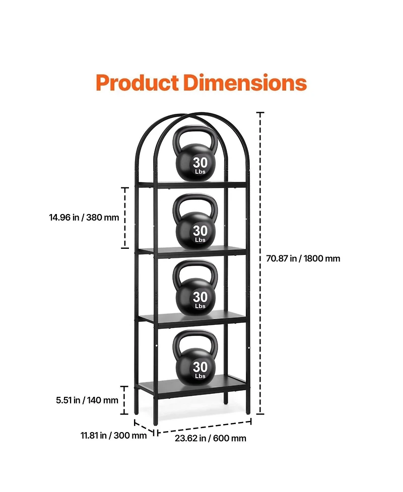 Sugift Metal Bookshelf, 4-Tier Arched Industrial Storage Unit for Living Room and Office