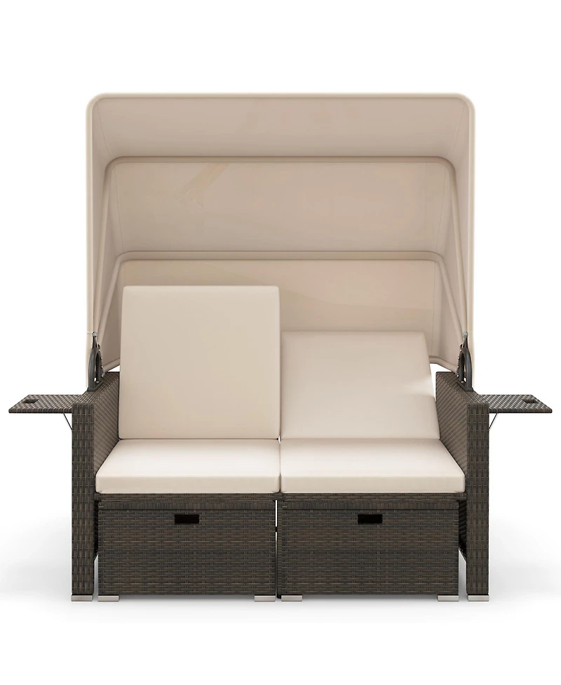 Sugift Outdoor Patio Rattan Daybed with Retractable Canopy and Backrests
