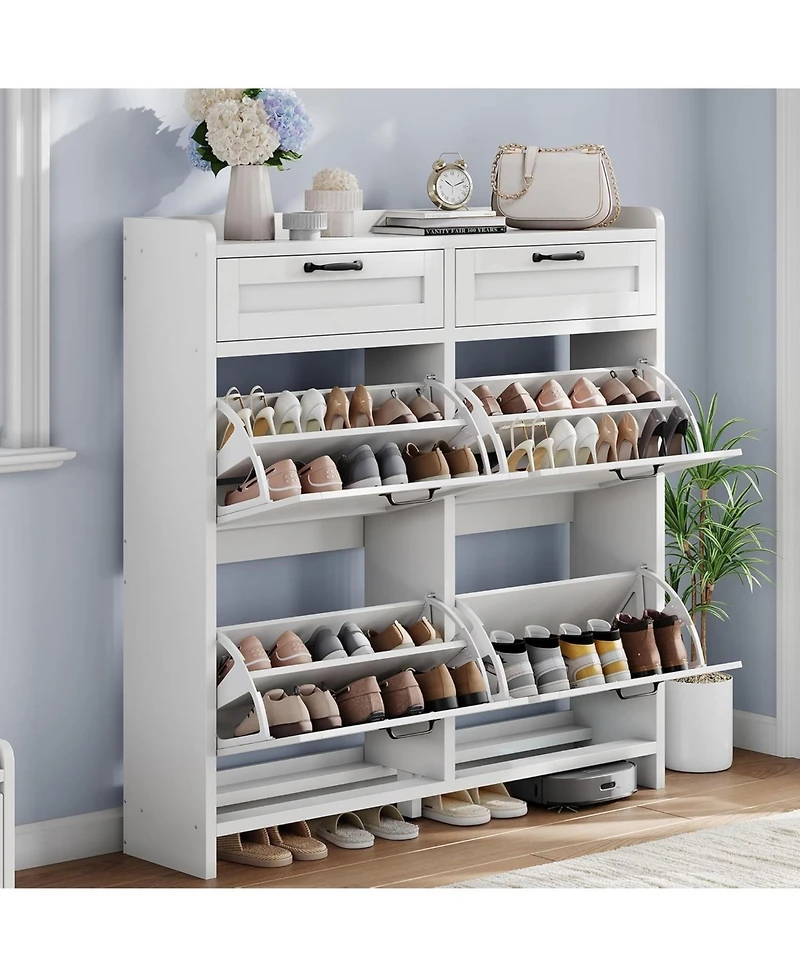 Homfan Shoe Cabinet with 4 Flip Drawers & 2 Top Drawers, Wooden Organizer Adjustable Shelf, Freestanding Storage Cabinets