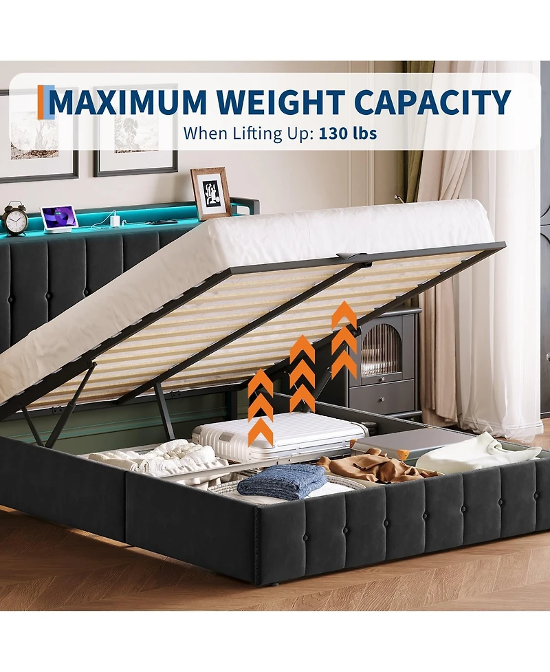 HomfanLift Up Bed Frame with Charging Station and Led Lights, Upholstered Button Tufted Wingback Storage Headboard