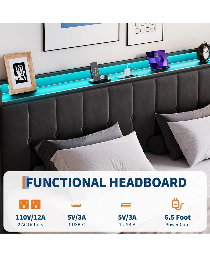 HomfanLift Up Bed Frame with Charging Station and Led Lights, Upholstered Button Tufted Wingback Storage Headboard