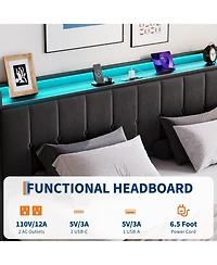 HomfanLift Up Bed Frame with Charging Station and Led Lights, Upholstered Button Tufted Wingback Storage Headboard