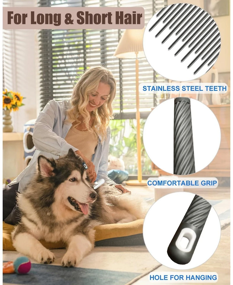 Aronkl 2 Pet Grooming Combs Long Short Stainless Steel Teeth T Straight Rubber Handle for Dogs Cats Flea Tick Hair Removal