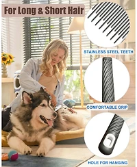 Aronkl 2 Pet Grooming Combs Long Short Stainless Steel Teeth T Straight Rubber Handle for Dogs Cats Flea Tick Hair Removal