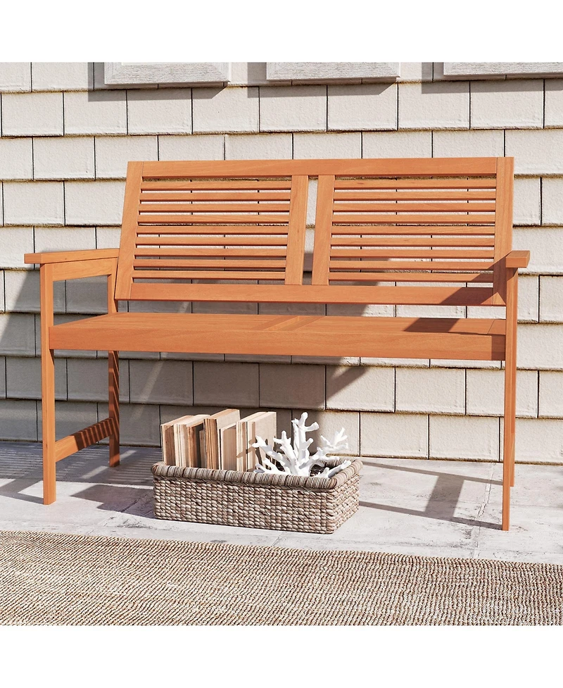 Sugift Outdoor Wooden Patio Bench for Two with Slatted Back and Seat