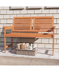 Sugift Outdoor Wooden Patio Bench for Two with Slatted Back and Seat