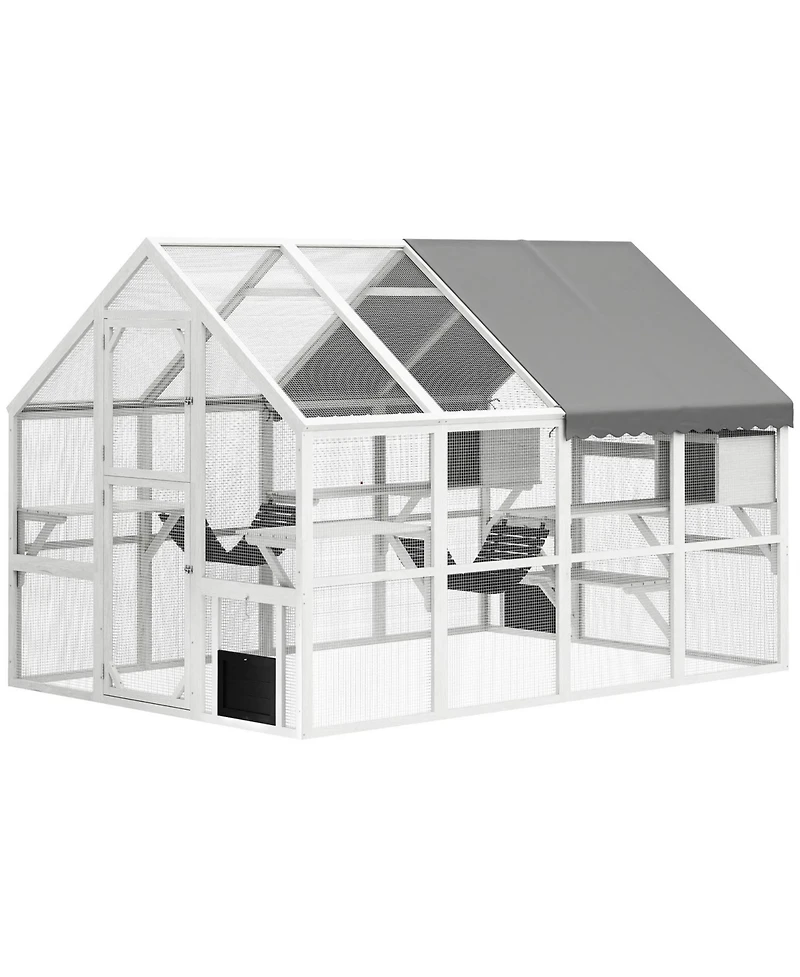 Zeus & Ruta Wooden Catio Outdoor Cat Enclosure with Waterproof Cover, 2 Condos, 6 Platforms, Bridge, Doors