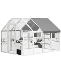 Zeus & Ruta Wooden Catio Outdoor Cat Enclosure with Waterproof Cover, 2 Condos, 6 Platforms, Bridge, Doors