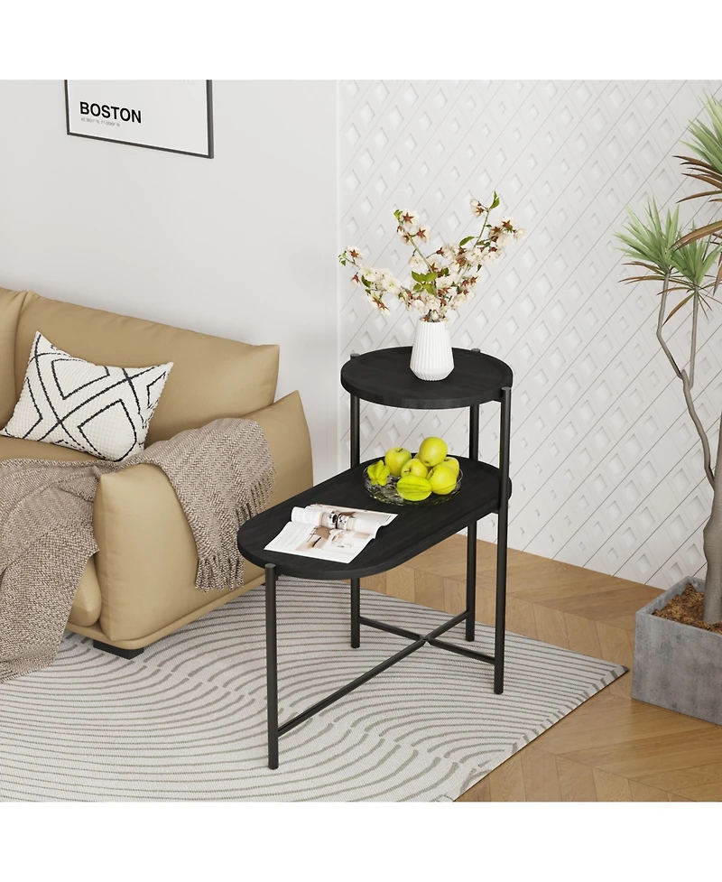 sumyeg Round Wooden Coffee Table with 2-Tier Storage Tray in Black