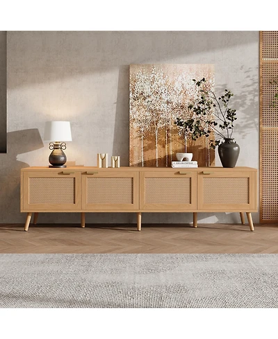 sumyeg 70 inch Modern Cabinet Tv Stand with Rattan Doors Media Console with Storage Space & Cable Holes