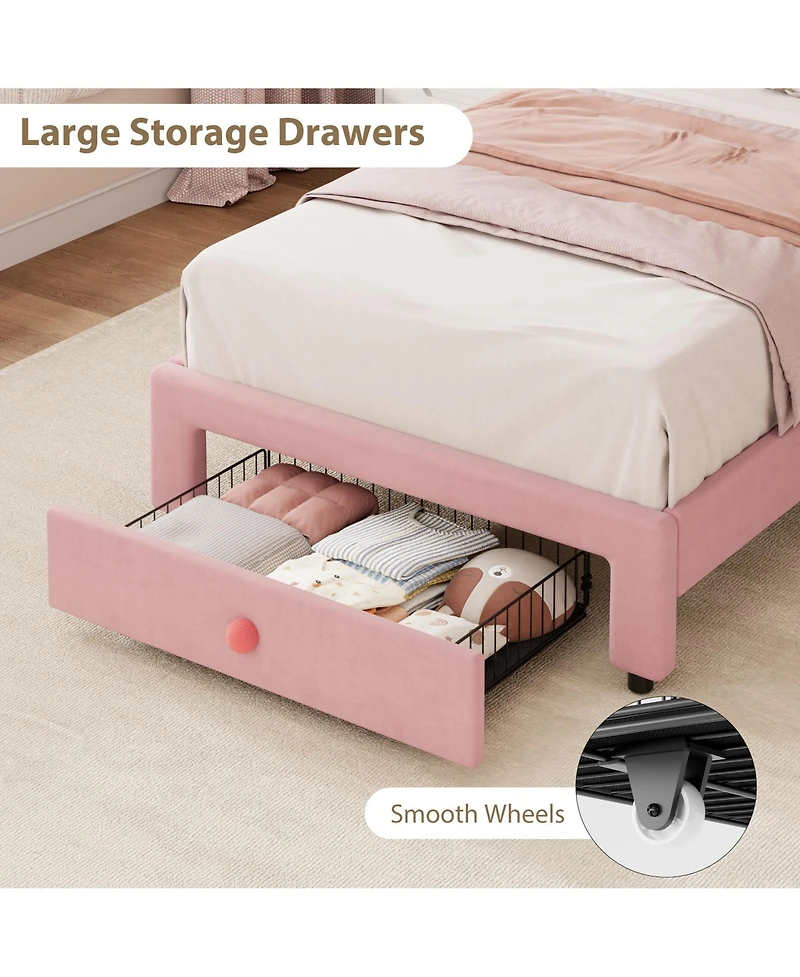 gaomon Set of 2 Twin Size Velvet Storage Beds with Led Ambiance – Upholstered Platform Bed Frame with Pull-Out Drawer