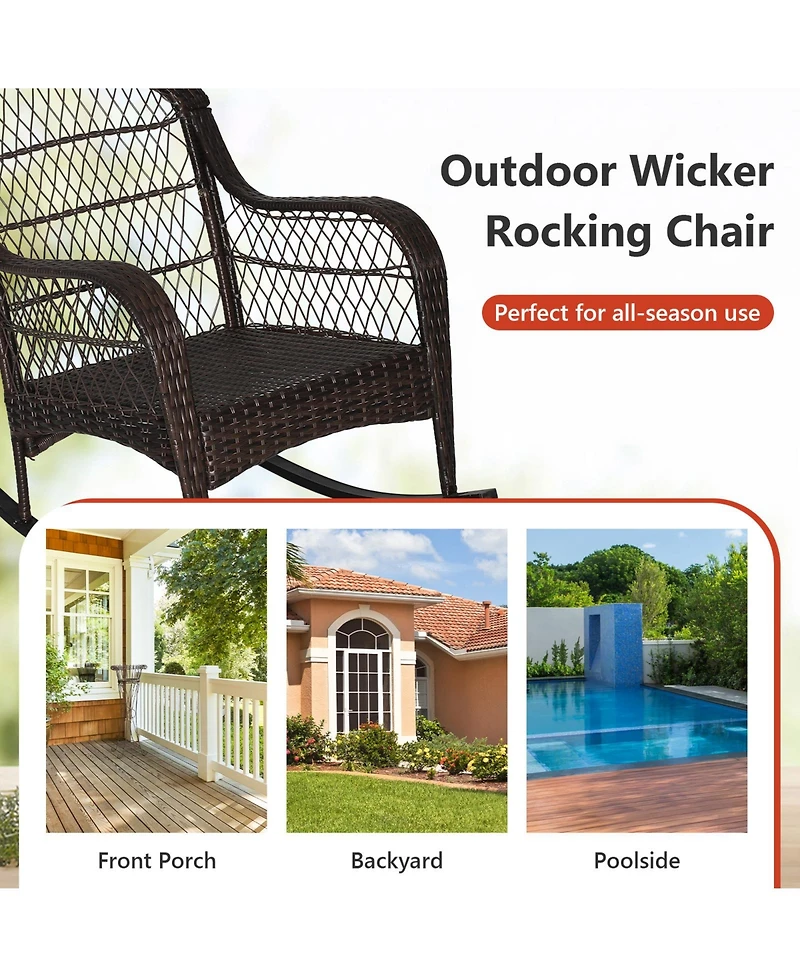 Gymax Wicker Rocking Chair w/ Orange Seat Back Cushions and Lumbar Pillow Balcony Patio