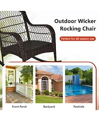 Gymax Wicker Rocking Chair w/ Orange Seat Back Cushions and Lumbar Pillow Balcony Patio