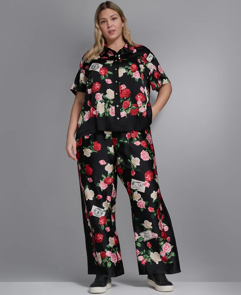 Karl Lagerfeld Paris Plus Size Mid-Rise Floral-Print Pull-On Pants