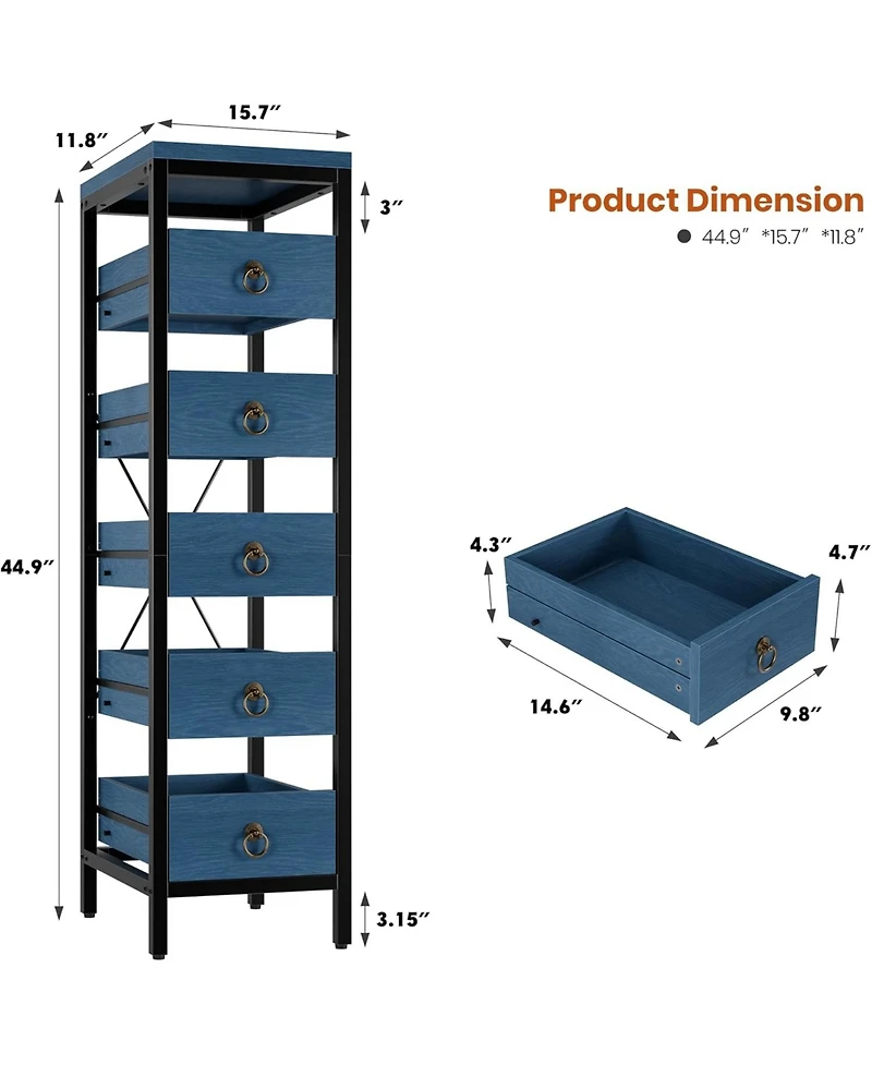 gaomon 5-Tier Kitchen Fruit Vegetable Storage Rack, Narrow Snack Stand with Pull-Out Baskets, Utility Organizer