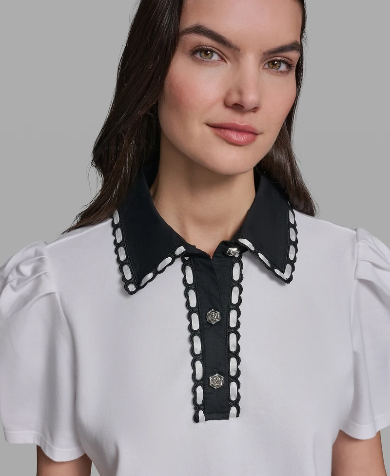 Karl Lagerfeld Paris Petite Button-Up Polo Collar Top
