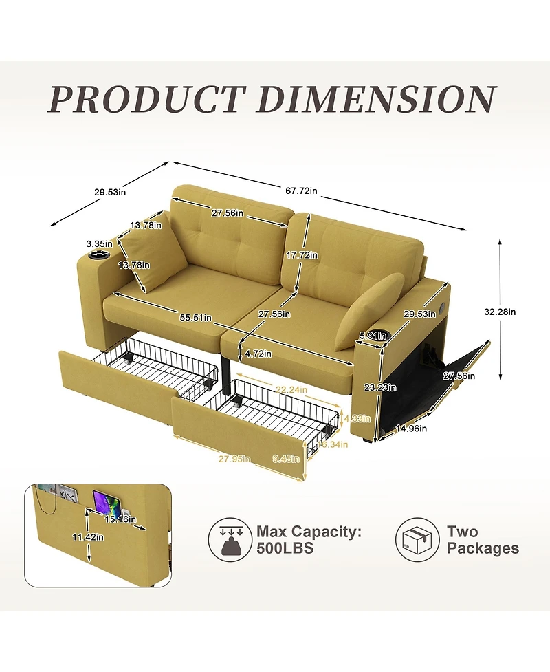 Rainsken Compact Loveseat Sofa, 67" Chenille 2-Seater Couch Featuring Storage, Usb Charging and Cup Holder for Small Spaces
