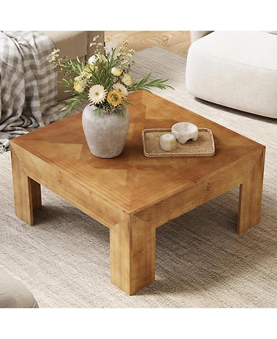 Tribesigns 39.4" Solid Wood Coffee Table, Square Coffee Table with Intricate Inlaid Top and Sturdy Legs, Rustic Center Tables