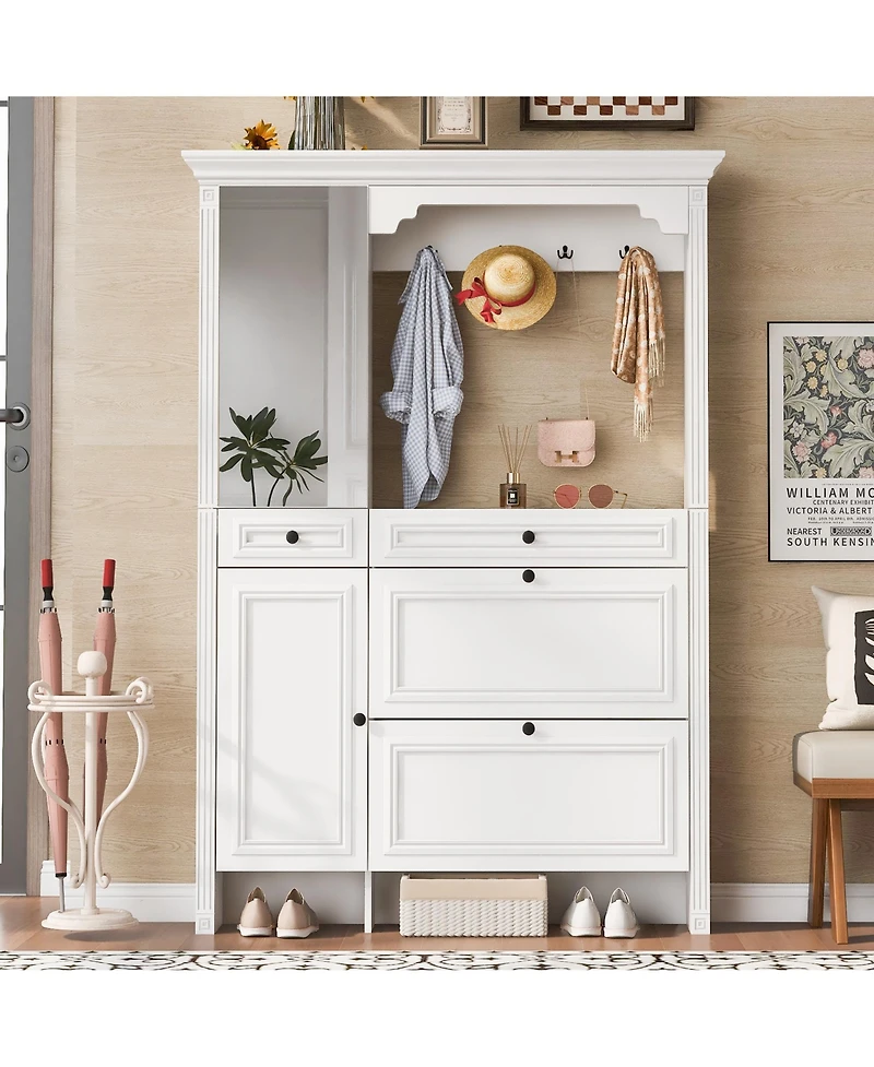 Flynama 54.7in Hall Tree 4in1 Entryway Storage Shoe Cabinet Mirror Hooks Bench