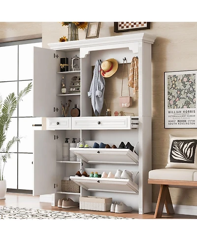 Flynama 54.7in Hall Tree 4in1 Entryway Storage Shoe Cabinet Mirror Hooks Bench