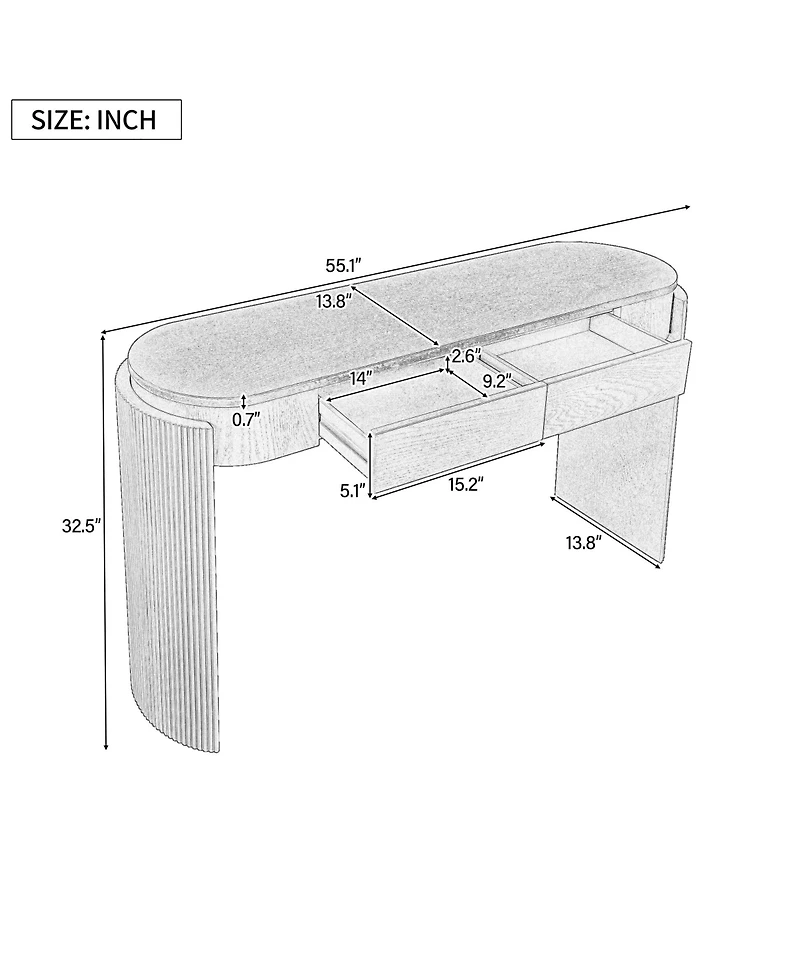 Flynama Oval Top Console Table 2 Drawers Fluted Legs Pine Wood Entryway Table