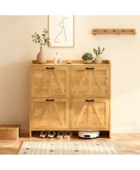 Flynama Rustic Barn Door Shoe Cabinet 4 Flip Drawers Space Saving Entryway Organizer