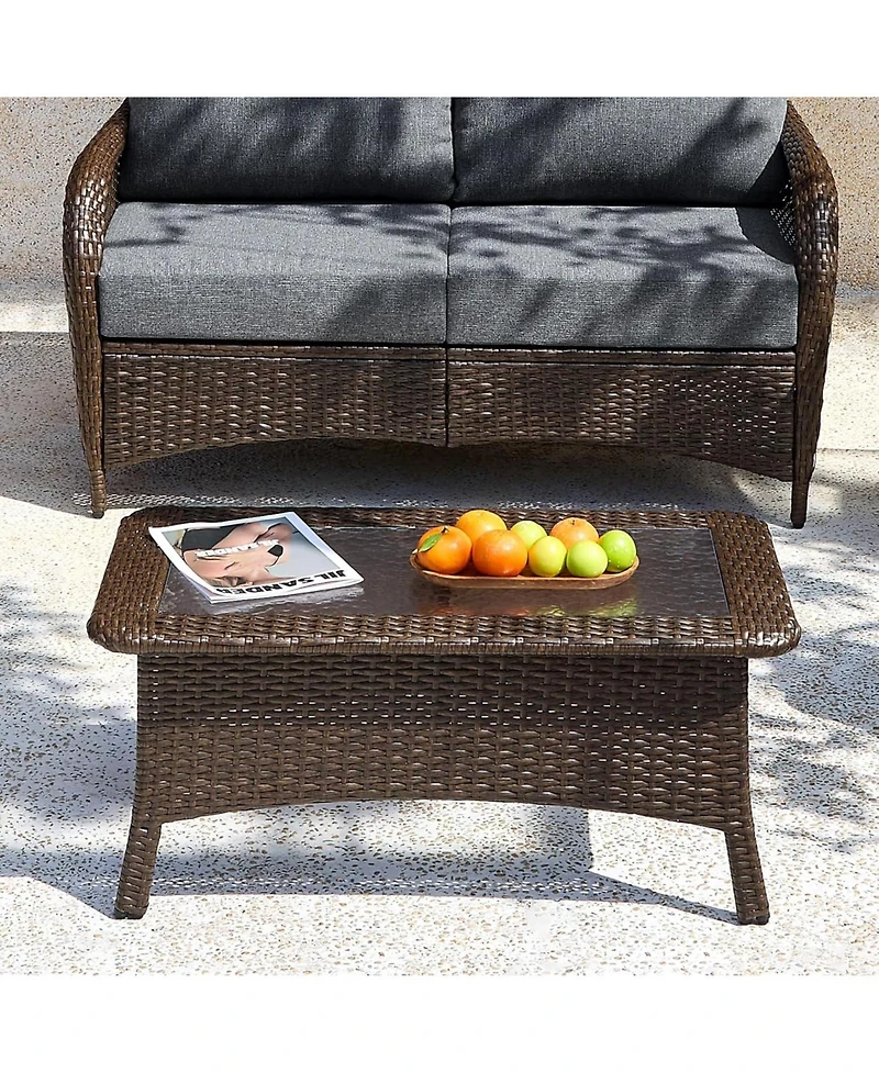 Tribesigns Outdoor Wicker Coffee Table with Hammered Glass Top, Hand Pe Rattan Wicker Patio Furniture Set, All-Weather Rectangular Patio Table
