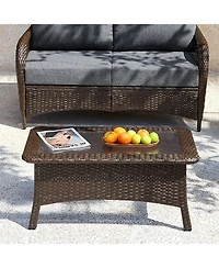Tribesigns Outdoor Wicker Coffee Table with Hammered Glass Top, Hand Pe Rattan Wicker Patio Furniture Set, All-Weather Rectangular Patio Table