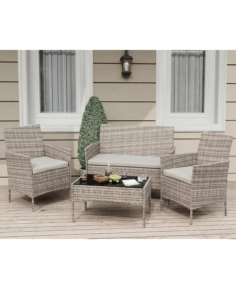 gaomon 4-Piece Patio Furniture Set, Rattan Outdoor Furniture with Upholstered Sofa, 2 Chairs and Coffee Table, Modern Conversation Bistro Set