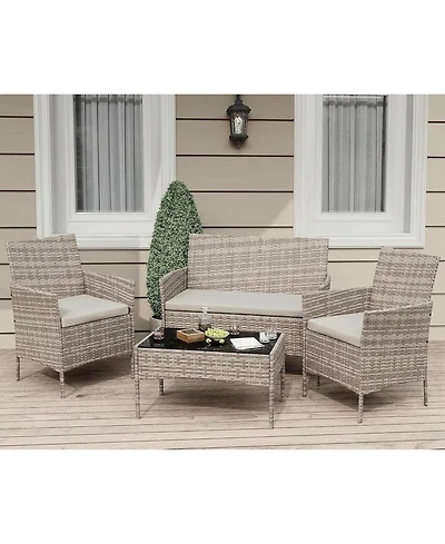 gaomon 4-Piece Patio Furniture Set, Rattan Outdoor Furniture with Upholstered Sofa, 2 Chairs and Coffee Table, Modern Conversation Bistro Set