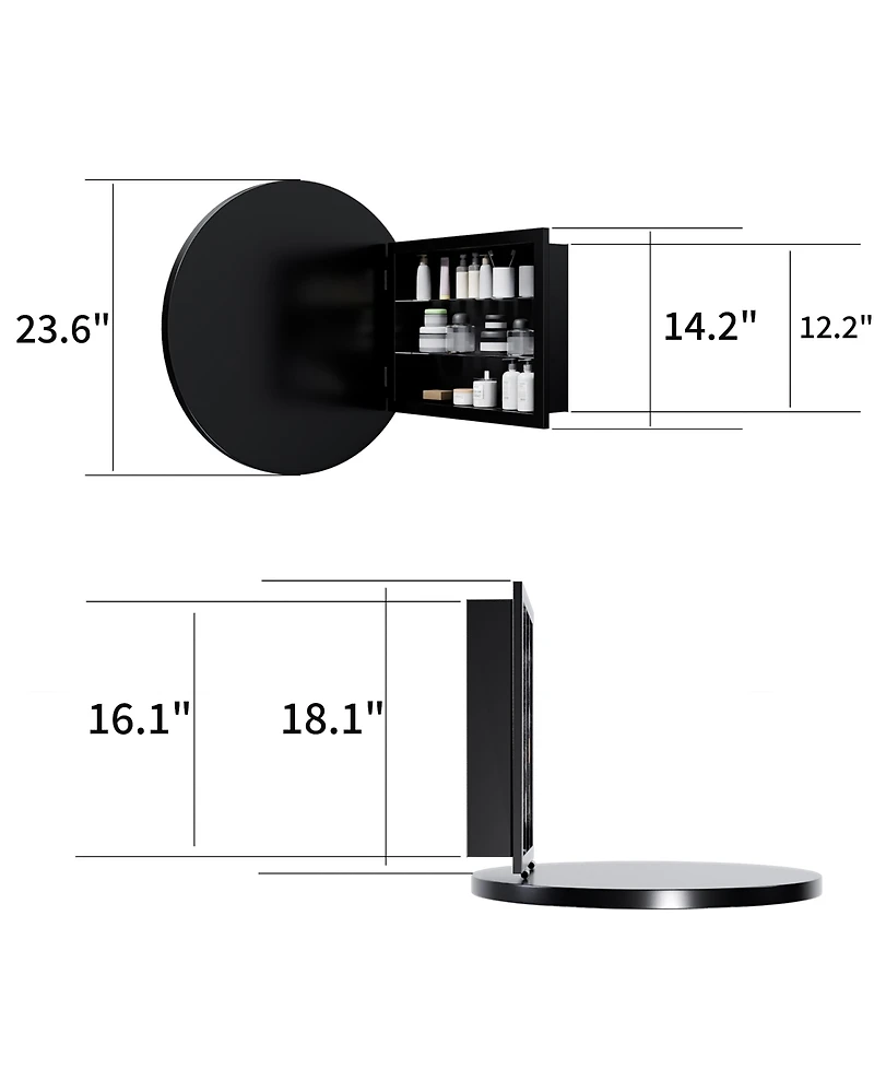 Busdays BUSDAYS23.6 Inch Round Surface Mount Bathroom Cabinet Metal Framed Mirror with Adjustable Shelves Bathroom Wall Storage