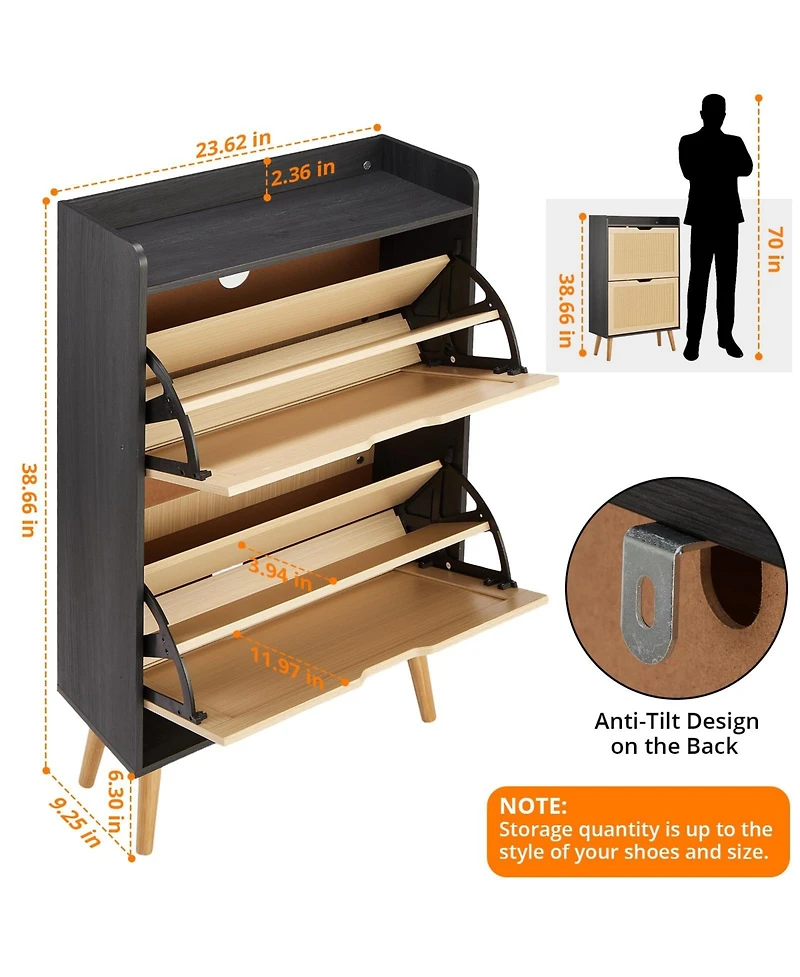 Homfan Rattan Shoe Cabinet with 2 Flip Drawers, 9.25 Inch Depth, Slim Entryway Storage