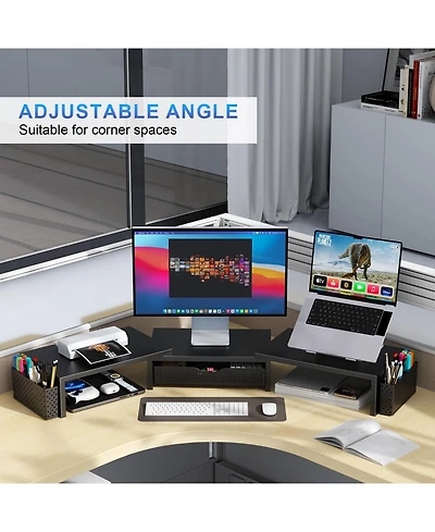 Gnuadz Dual Monitor Stand Riser Desk Organizer Drawer 2 Pen Holders Shelf