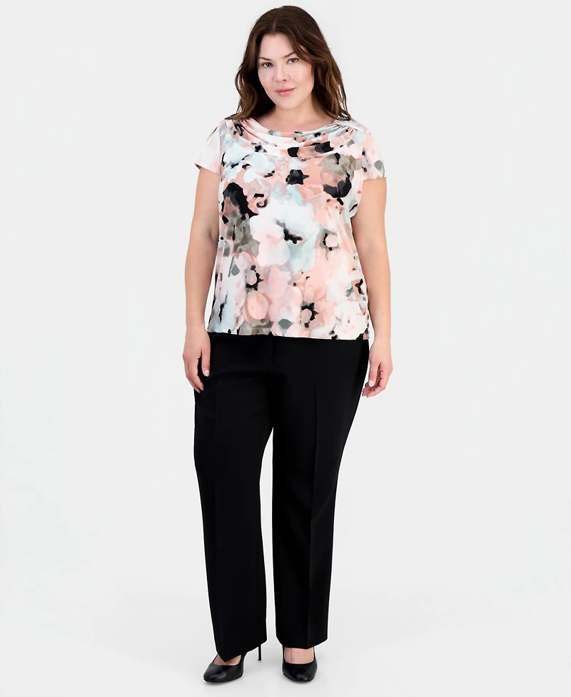 Kasper Plus Printed Cowlneck Cap-Sleeve Top