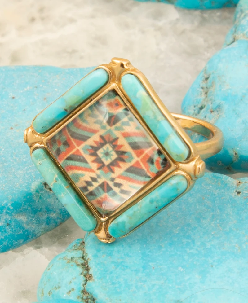 Barse Scenic Native Weave Blue Turquoise Golden Statement Ring
