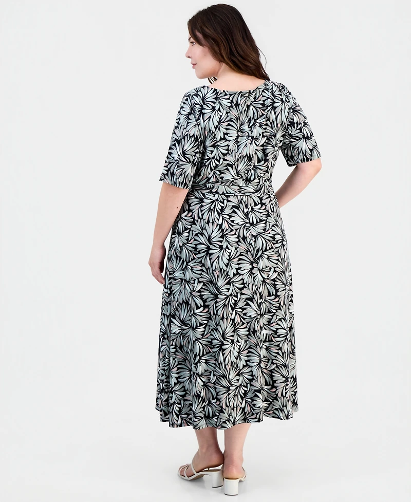 Kasper Plus Printed Elbow-Sleeve Midi Dress