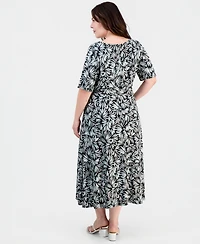 Kasper Plus Printed Elbow-Sleeve Midi Dress
