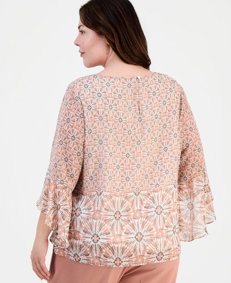 Kasper Plus Printed Boat Neck Ruffled-Sleeve Top