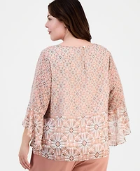 Kasper Plus Printed Boat Neck Ruffled-Sleeve Top