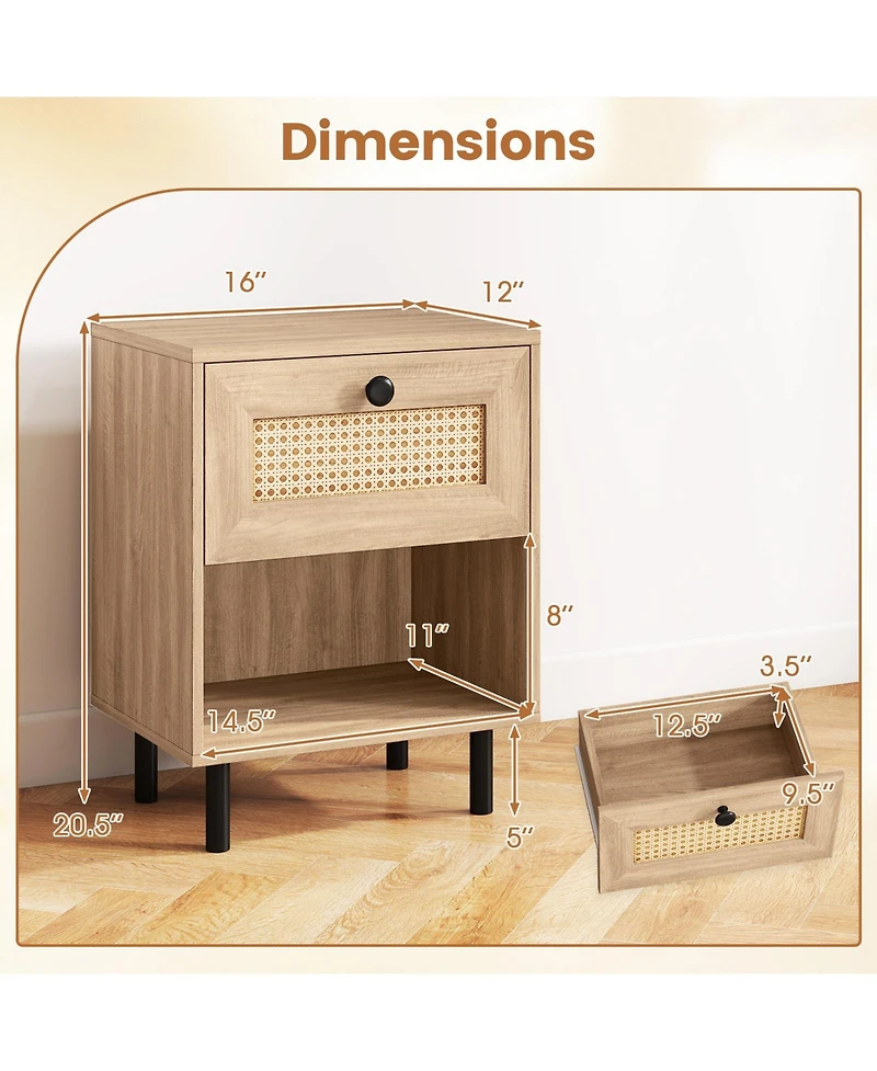sumyeg Rattan Nightstand Boho End Table with Drawer and Open Shelf