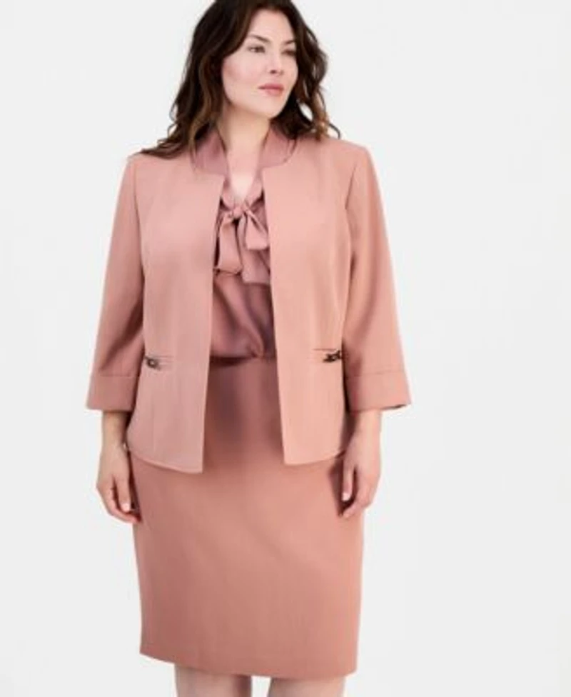 Kasper Plus Size 3 4 Sleeve Open Front Blazer Pencil Skirt