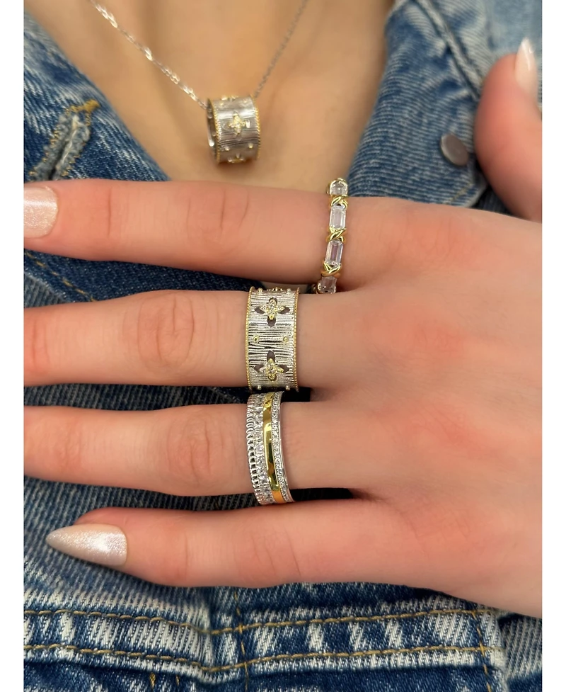 Suzy Levian Sterling Silver Cubic Zirconia Brushed Italian Florentine Barrel Loop Pendant