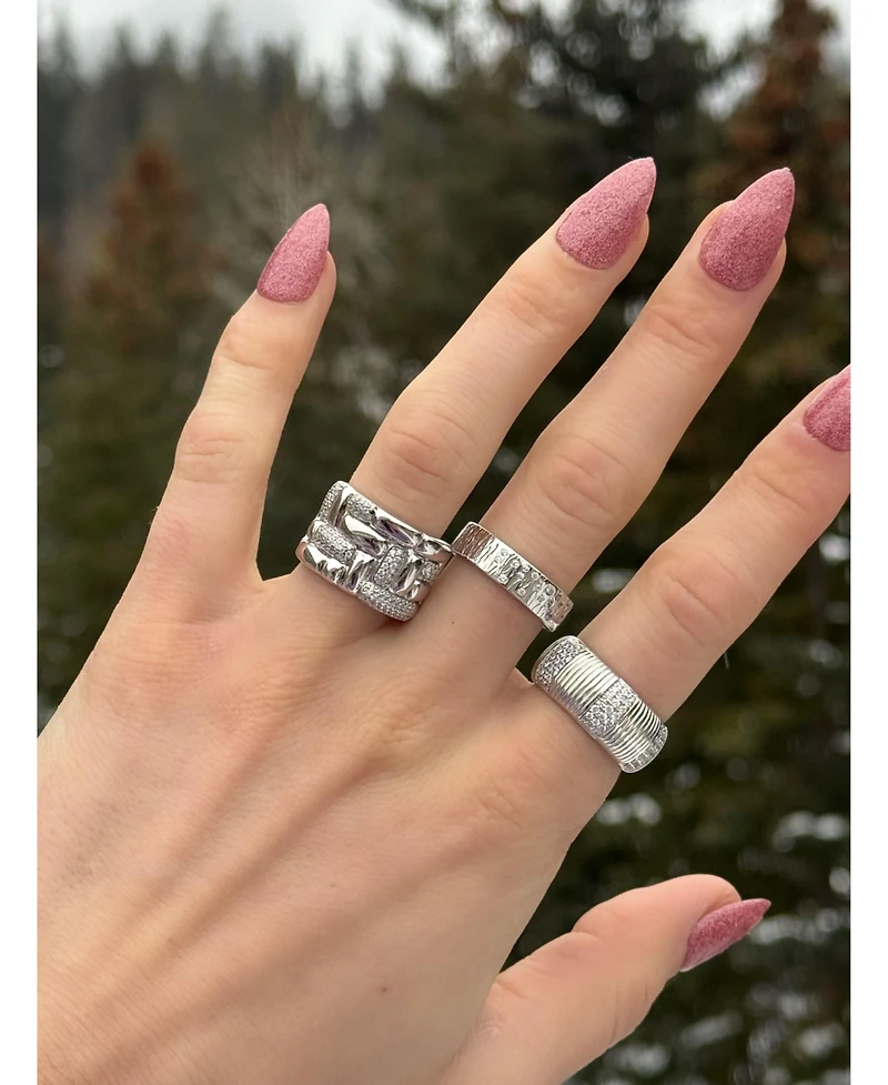 Suzy Levian New York Pave Cubic Zirconia Silver Puff Woven Motif Extra Wide Band Ring