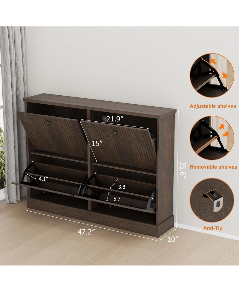 homfan Fluted Shoe Cabinet with 4 Flip Drawers, Adjustable Shelves and Hidden Entryway Storage